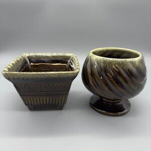 Vintage Hull Pottery USA Set of 2 Brown Green Drip Glaze Ceramic Planters MCM
